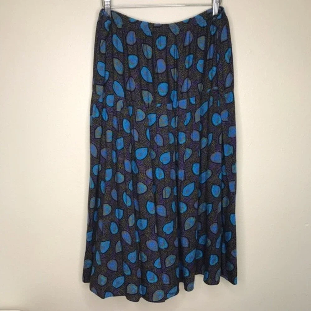 Vintage Queens Plaza Rayon Elastic Waist Drop Yoke Blue Women Midi Skirt Size 20